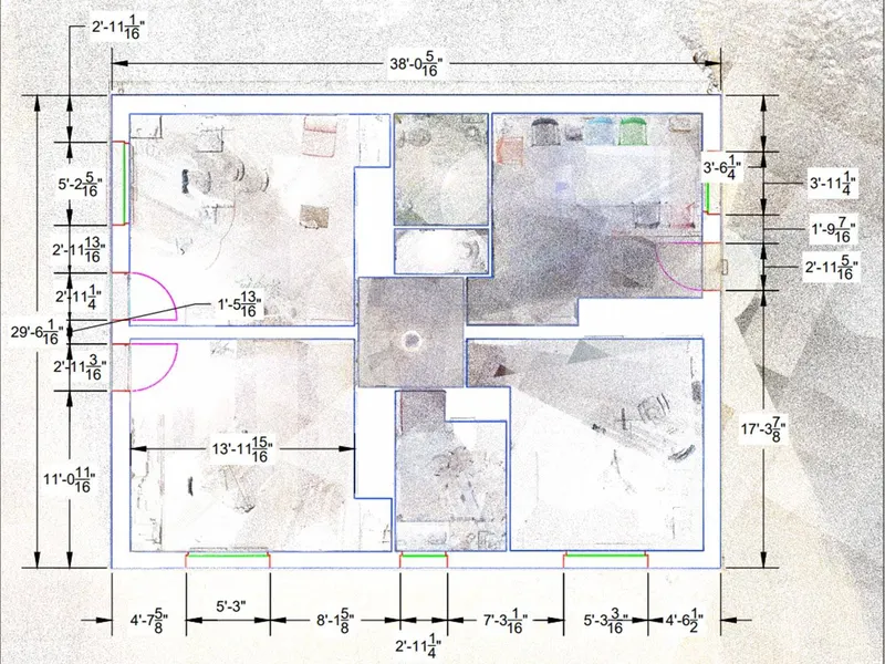 Floor plan with wall outlines, door swings and dimensions referenced to scan data in FARO As-Built